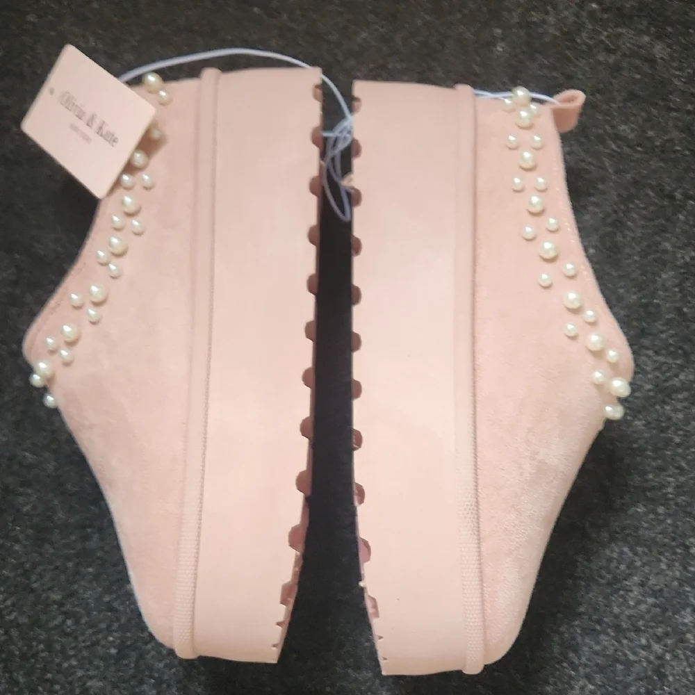 Olivia & Kate Platform Slip-On Shoes in Light Pink with Pearl Trim
